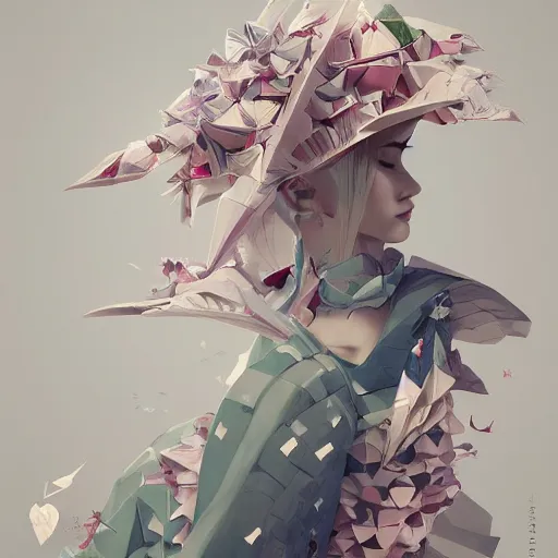 Image similar to 3 / 4 view of a beautiful girl wearing an origami dress, eye - level medium shot, elegant, givenchy, by peter mohrbacher, centered, fresh colors, origami, fashion, detailed illustration, vogue, high depth of field, japanese, reallusion character creator