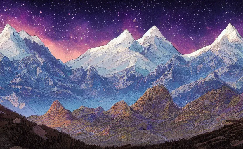 Prompt: mountains, stars and paisley filled sky, artstation, intricate, highly detailed, digital painting, concept art, sharp focus, illustration by Charles Williams and James Jean