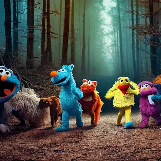 Prompt: a fox muppet wearing a hooded cloak herding a bunch of random muppet animals following behind through a dark forest, sesame street, photograph, photography, ultrarealistic, national geographic