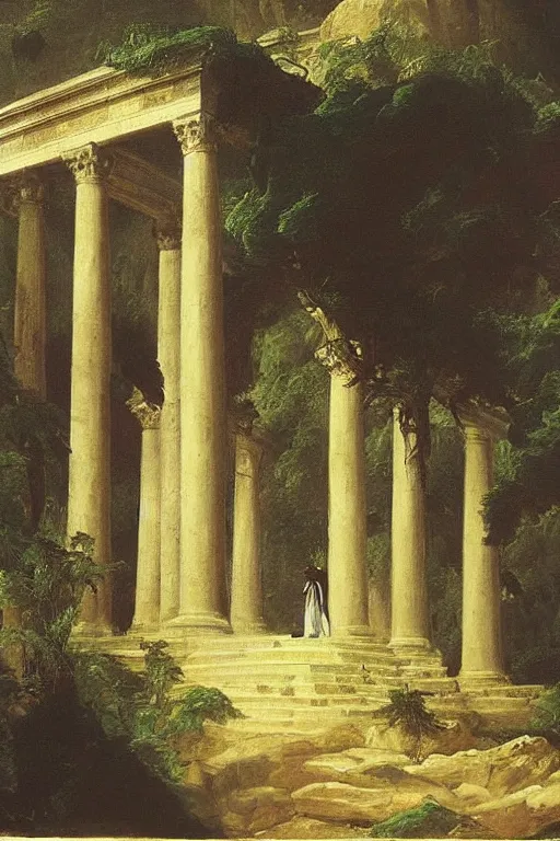 Image similar to a thomas cole naturalist style painting of michael jackson atop mount olympus with enormous columns on either side