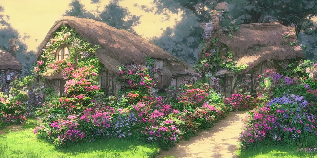 Image similar to flowery cottage, evening, highly detailed, studio ghibli, artstation