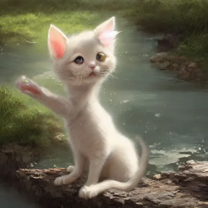 Prompt: a painting of a cute light beige kitten with dark brown ears and face and legs and tail and white paws at a river. character design by cory loftis, fenghua zhong, ryohei hase, ismail inceoglu and ruan jia. volumetric light, detailed, rendered in octane