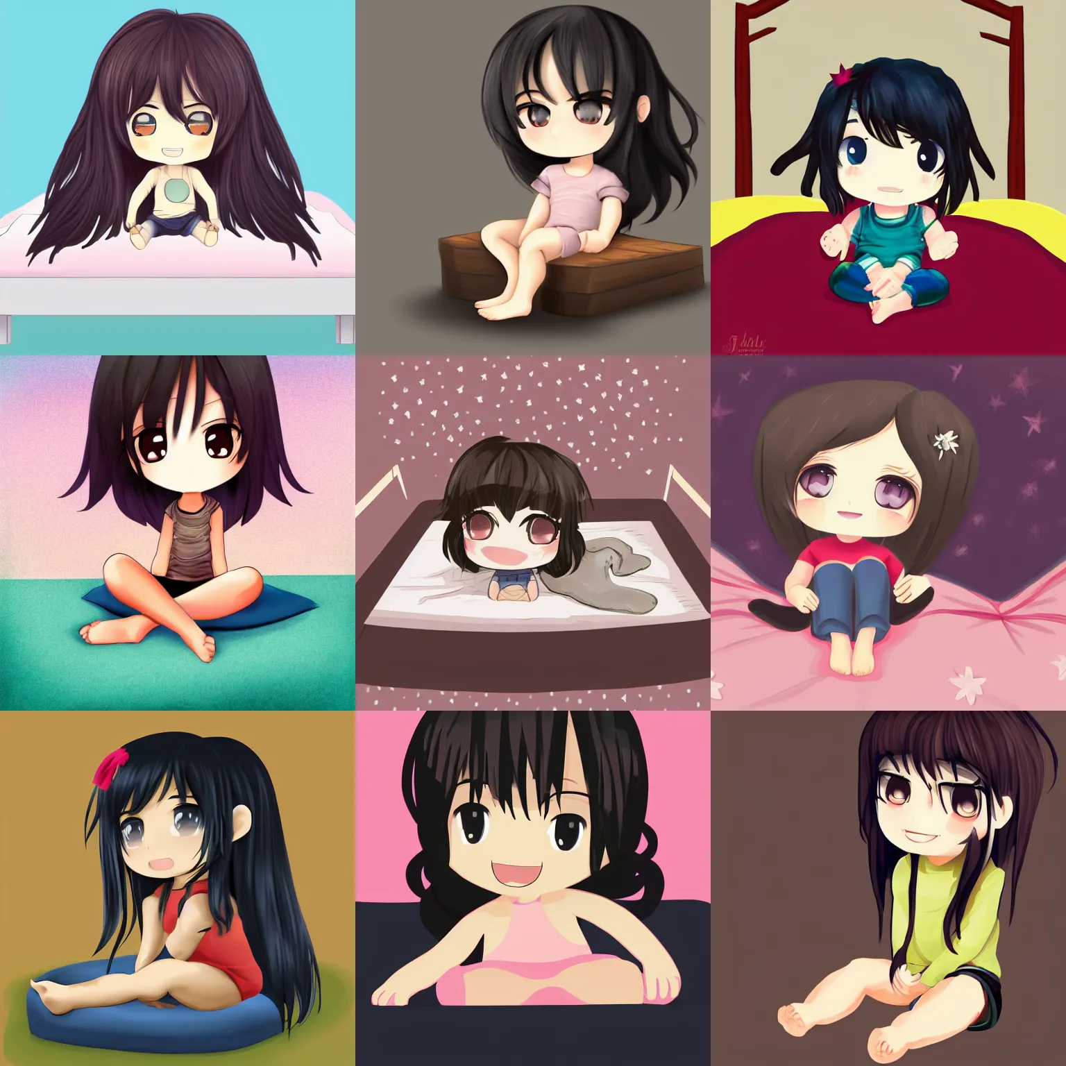 Prompt: a chibi child with dark hair, sitting on the edge of a bed, digital art