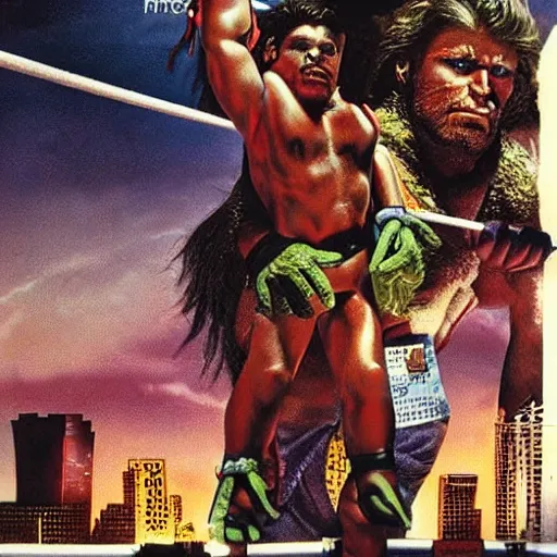 Image similar to giant wwf ultimate warrior holding small woman in his hands climbing a tall building like king kong, highly detailed, realistic movie poster