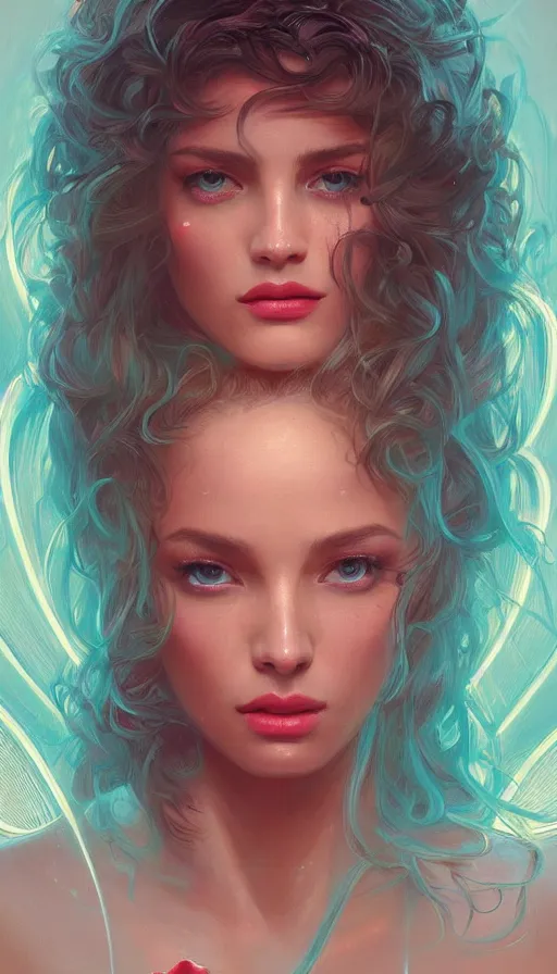 Prompt: perfect portrait of the most beautiful woman ever lived, neon, fibonacci, sweat drops, insane, pinup, intricate, highly detailed, digital painting, artstation, concept art, smooth, sharp focus, illustration, Unreal Engine 5, 8K, art by artgerm and greg rutkowski and alphonse mucha