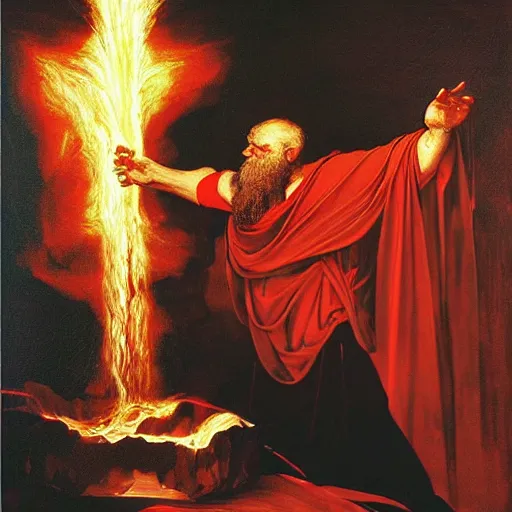 Prompt: God of forging and fire hephaistus creating the first artificial neural network in his volcanic laboratory, hephaistos has a beard and a red cape and is very strong, cinematic lighting, dark background, painting by caravaggio
