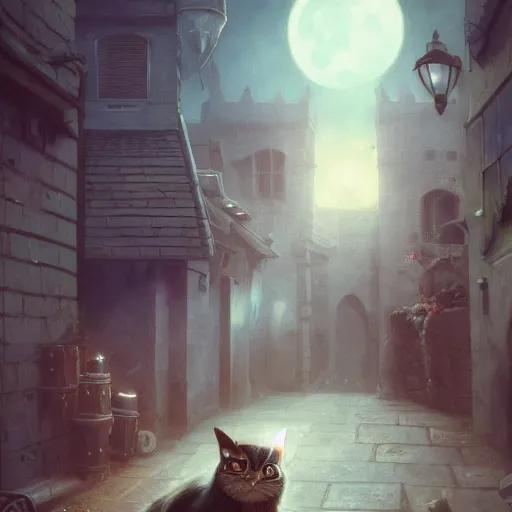 Prompt: Portraiture of Misty-Mitzy the Moon Moggy, huggy wuggy from poppy playtime video game sneaking through the streets of a medieval village at night, glowing lights, oil painting, Greg Rutkowski, Charlie Bowater, Beeple, unreal 5, DAZ, hyperrealistic, octane render, RPG portrait, dynamic lighting, fantasy art, beautiful face