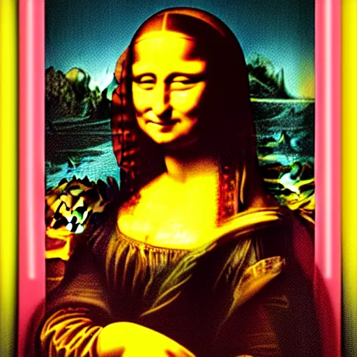 Prompt: painting of mona lisa, she has glow sticks and colorful clothes, neon lights, rave, painting by leonardo da vinci