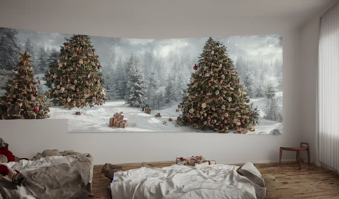 Image similar to a christmas eve in a beautiful home, photorealistic landscape painting on the wall, ascher clemens, home, interior, octane render, deviantart, greg rutkowski, cinematic, key art, hyperrealism, canon eos c 3 0 0, ƒ 1. 8, 3 5 mm, 8 k, medium - format print