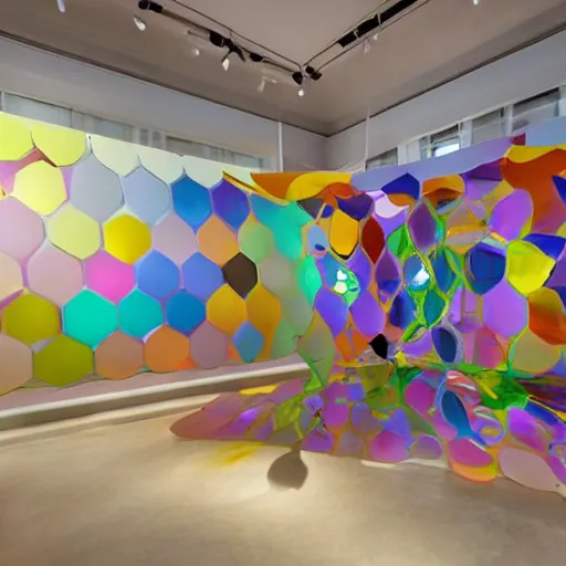 Prompt: : soft glossy hyperbolic abstract shapes art installation in museum