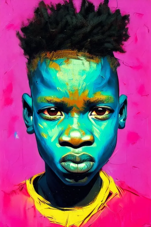 Image similar to portrait of a stylized african young angry boy painted in acrylic, pigment, in the colors hot pink and cyan, beautiful realistic face, rule of thirds, spotlight, by greg rutkowski, by jeremy mann, by francoise nielly, by van gogh, by ross tran, in focus