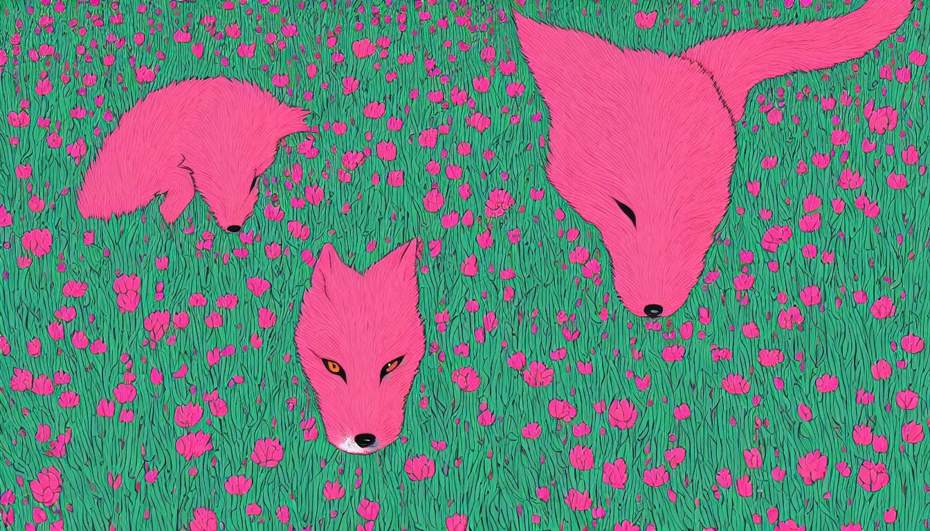 Image similar to pink fox head popping out of a field of flowers by Kilian Eng, minimalist, detailed