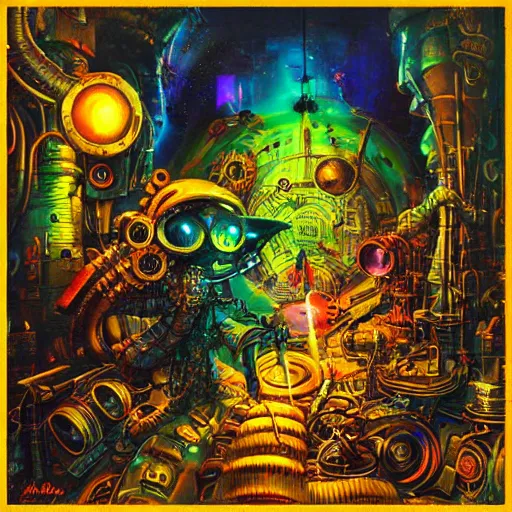 Image similar to steampunk rat, acid, 303, psychedelic, by paul lehr, cd cover for psytrance artist