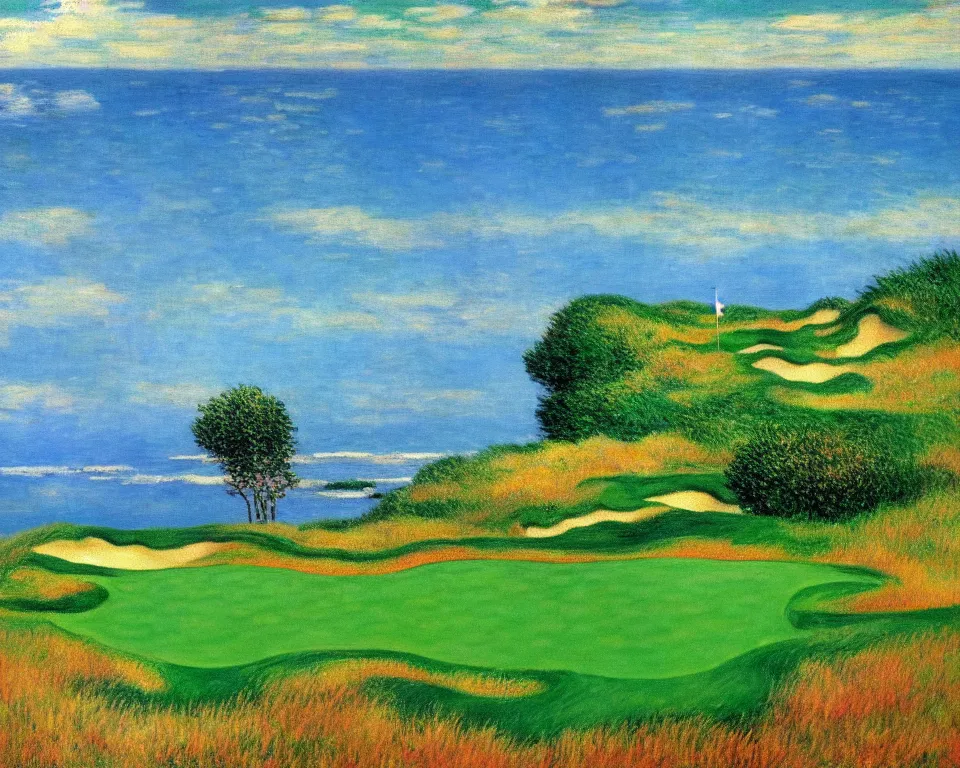 Prompt: achingly beautiful painting of pacific dunes golf by rene magritte, monet, and turner.