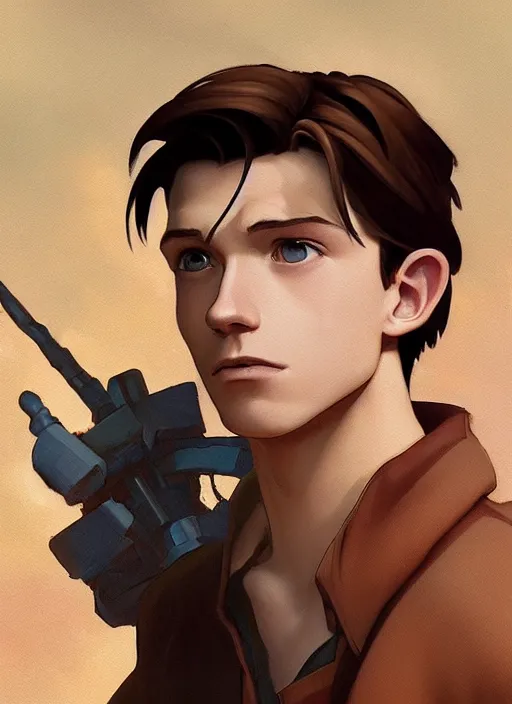 Prompt: skinny young tom holland as jim hawkins from treasure planet, dynamic lighting, path traced, atmospheric, highly detailed, high quality, beautiful painting, octane render, don bluth, ross tran, studio ghibli, alphonse mucha, jama jurabaev, extremely detailed, brush strokes, artstation, artgerm