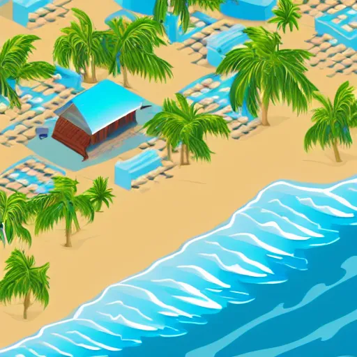 Image similar to an isometric ocean with beach and palm trees
