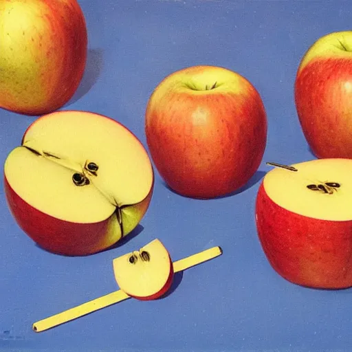 Prompt: apple slices on a blue background, chesley bonestell, vincent di fate