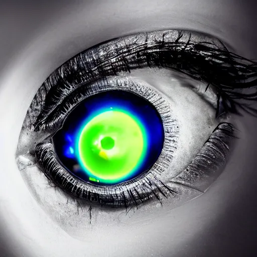 Image similar to human eye in chrome, neon lighting, studio lighting