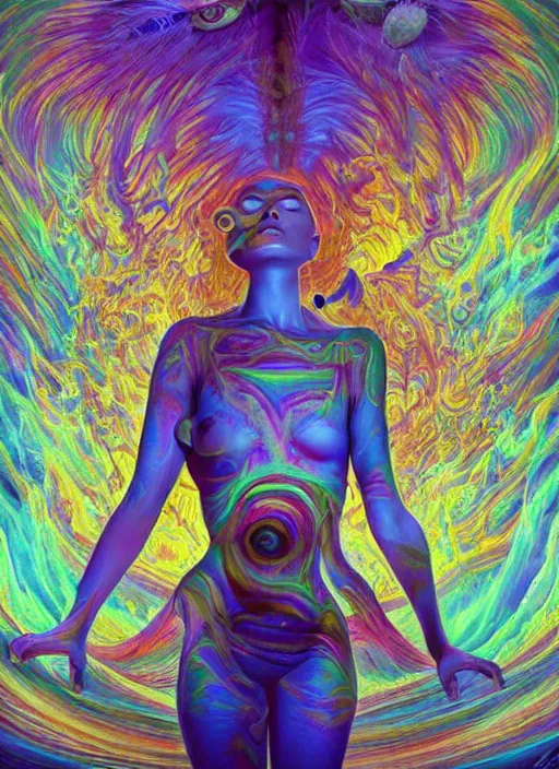 Image similar to portrait ultra dimensional cult girl shaman, accidentally tripping on dmt salvia, psychedelic experience, overwhelming psychosis of self realization and burning awakening, ultra high definition, unreal engine 5, hyperrealism, masterpiece composition, by peter kemp, casey weldon, barclay shaw