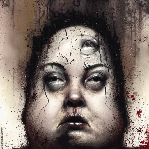 Image similar to portrait of the face of big fat old sumoringer as despair from sandman, venus of willendorf, by jeremy mann, by gregory crewdson, by bastien lecouffe deharme, by russ mills, sad face, topknot, black hair, mourning, black eyes, white room, soft lightning, high detailed, 8 k