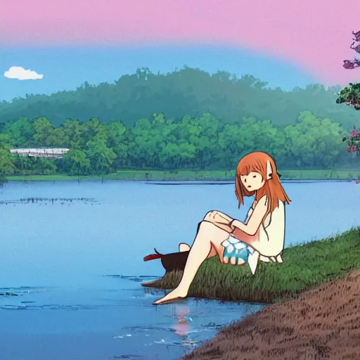 Image similar to girl sitting by the lake with her cat, sunshine, studio ghibli, trending on artstation