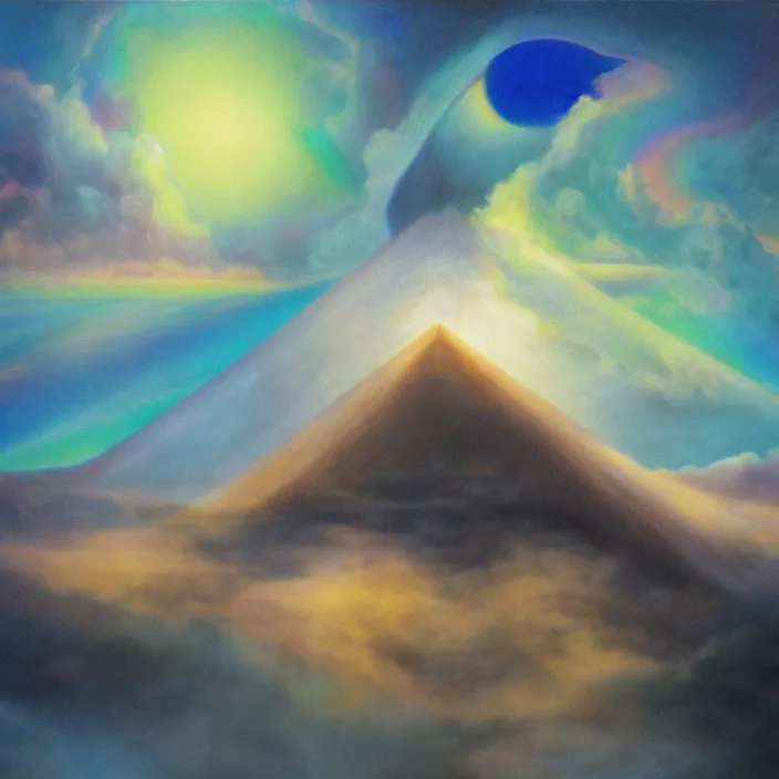 Image similar to temple of sleep non-Euclidean geometry sleepwalker mythos dream clouds and lambent fog, award winning oil painting, polychromatic spectrum