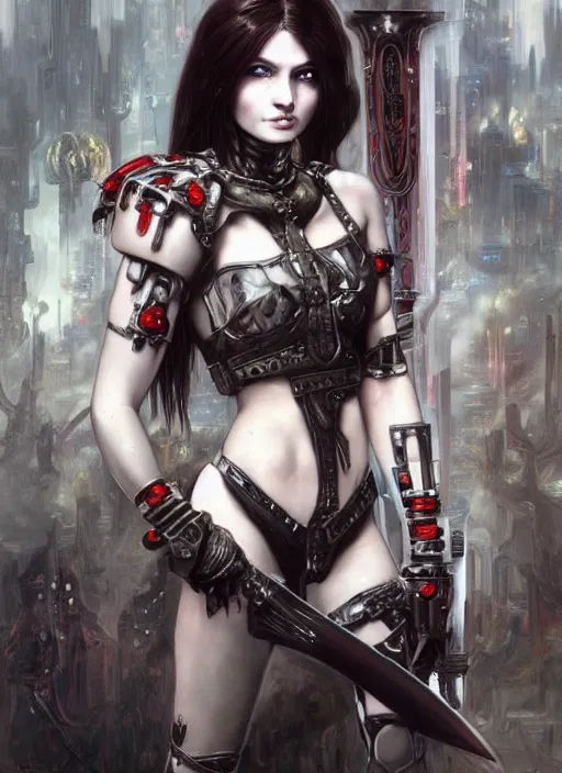 Prompt: portrait of beautiful pale gothic muscular cyber warrior girl with sword, covered in blood, warhammer 40000, cyberpunk, intricate, elegant, highly detailed, digital painting, artstation, concept art, smooth, sharp focus, illustration, art by artgerm and greg rutkowski and alphonse mucha and Gustav Klimt and Ilya Kuvshinov