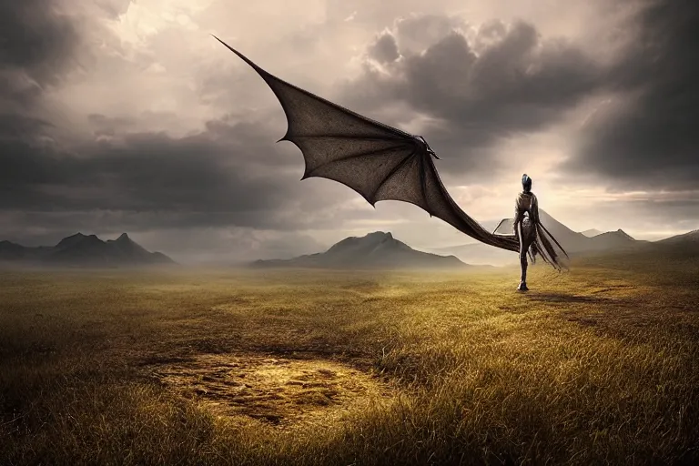 Prompt: a cinematic wide angle photograph of a dragon walking through a vast serene landscape, beautiful lighting, high depth, ultra realistic, artistic, by michal karcz and john harris