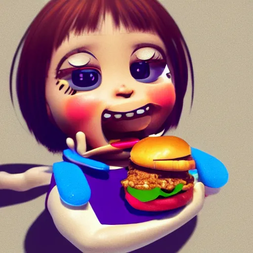Image similar to 3D rendering of chibi character eating a hamburger, octane render, 8k, trending on artstation