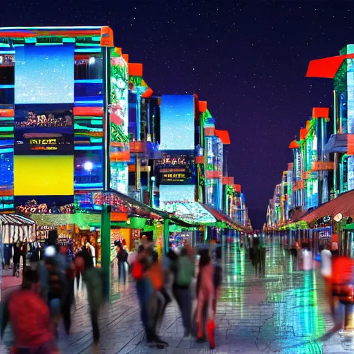 Image similar to futuristic ndebele city, night street scene, highly detailed, digital ndebele billboards