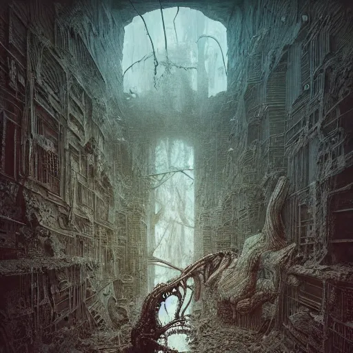 Image similar to an epic horrifying fantastic hyperdetailed 3 d matte painting photo taken with nikon d 7 5 0 an of a decaying eldritch creature partially covered with grafitti art by moebius by zdzisław beksinski by jakub rozalski by nekro