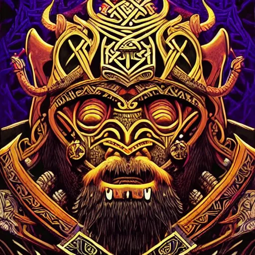 Image similar to barong family member, viking warrior, viking beard, mammoth, wiwek, mara demon, one single tribe member, jungle, one single mask, dark, ancient warrior, tribal, inner glow, art by dan mumford and justin gerard