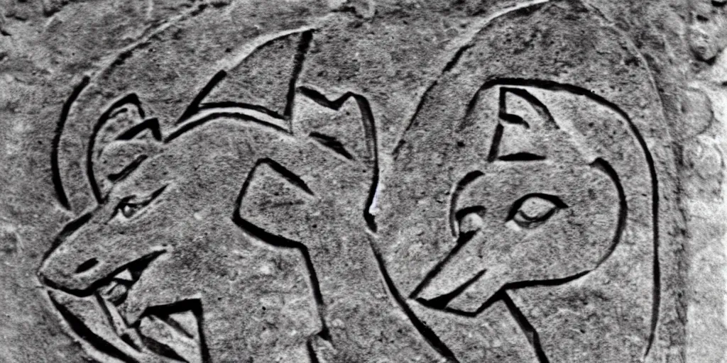 Image similar to anthropomorphic furry wolf depicted in ancient stone carving, 1900s photograph