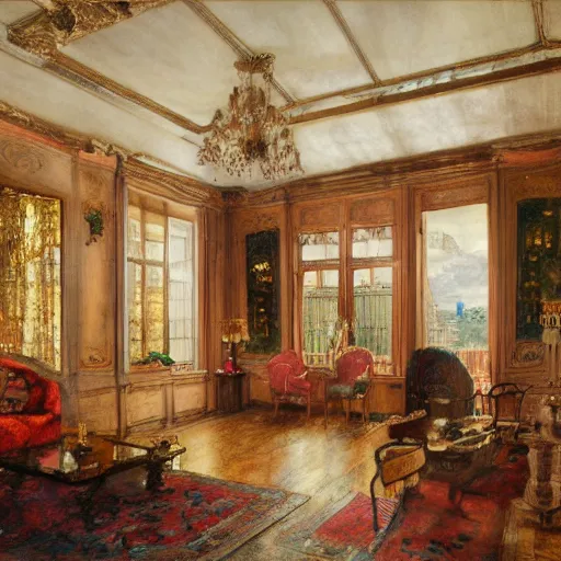 Image similar to a beautiful intricate watercolor illustration of a victorian livingroom 4 k, ultra - wide angle, by william turner, by gustav klimt, hd, trending on artstation, hyper detailed, muted intense colors