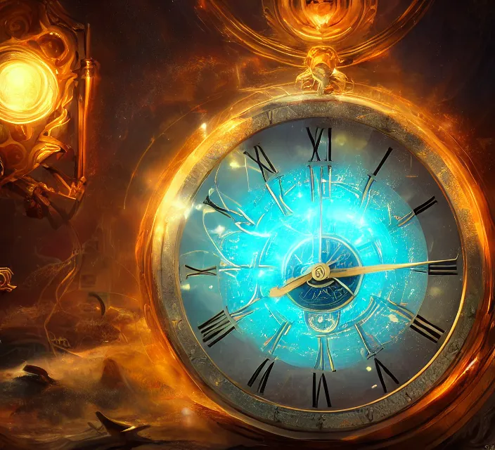 Prompt: the master of time controlling the flow of time by using his magical clock artifact, cinematic composition, epic colors, detailed, warm lighting, volumetric, beautiful, trending on artstation, art claudiu - antoniu magherusan