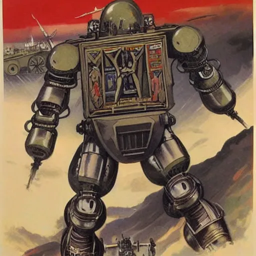 Image similar to wwi deiselpunk soviet mecha propaganda art by james gurney