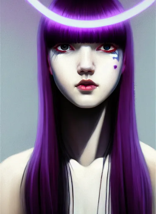 Image similar to hair whitebangs hair, black hair, blackbangswhitehair, portrait of teenage girl with white bangs, red irises, purple clothes, white bangs, bangs are different color from hair, intricate, elegant, glowing lights, highly detailed, digital painting, artstation, concept art, sharp focus, illustration, art by wlop, mars ravelo and greg rutkowski