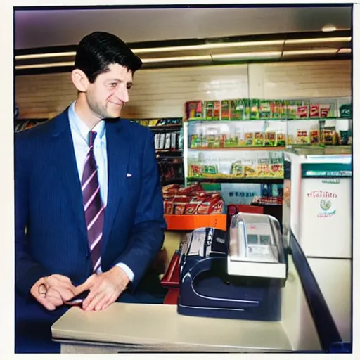 Image similar to Former House Speaker Paul Ryan minding the till at a 7/11. CineStill