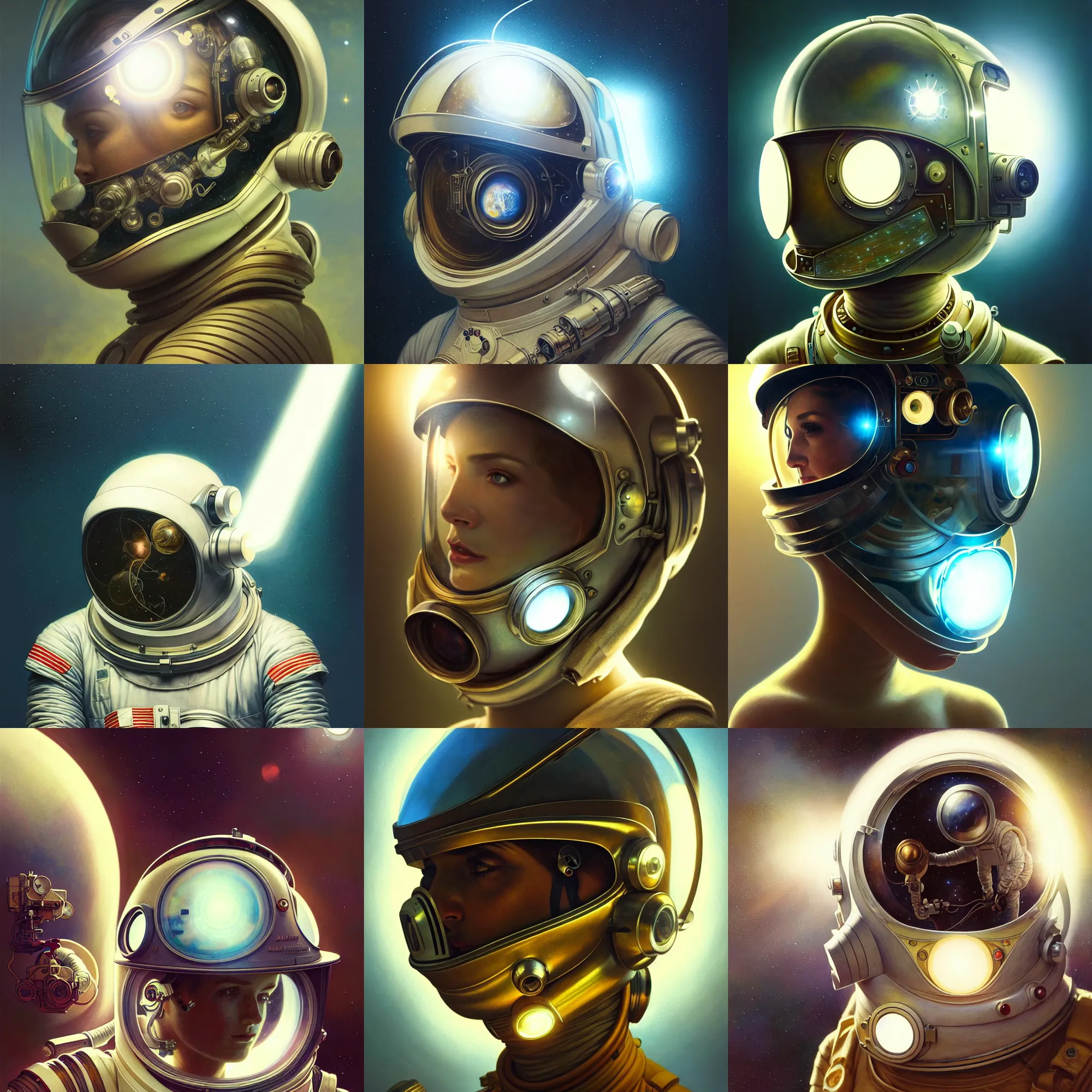 Prompt: ultra realistic retro futuristic astronaut helmet, lens flare, diffuse lighting, fantasy, intricate, elegant, highly detailed, lifelike, photorealistic, digital painting, artstation, illustration, concept art, smooth, sharp focus, art by John Collier and Albert Aublet and Krenz Cushart and Artem Demura and Alphonse Mucha