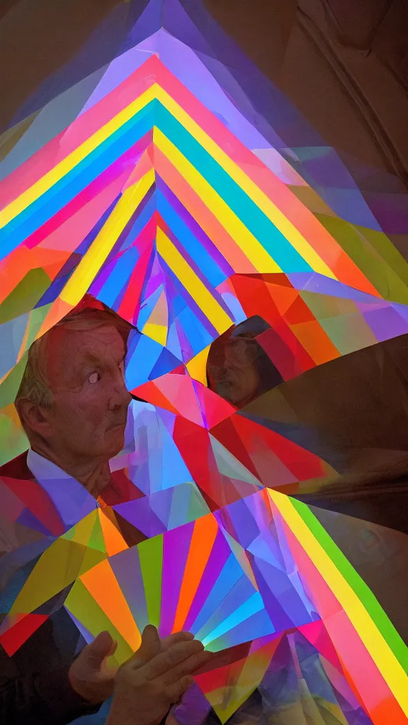 Image similar to a martin parr photo of a prism in front of man's face