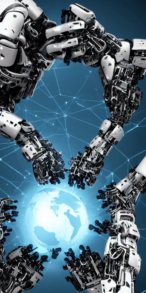 Image similar to ai taking control over humanity and the world, dramatic, big robotic hands ripping apart humanity