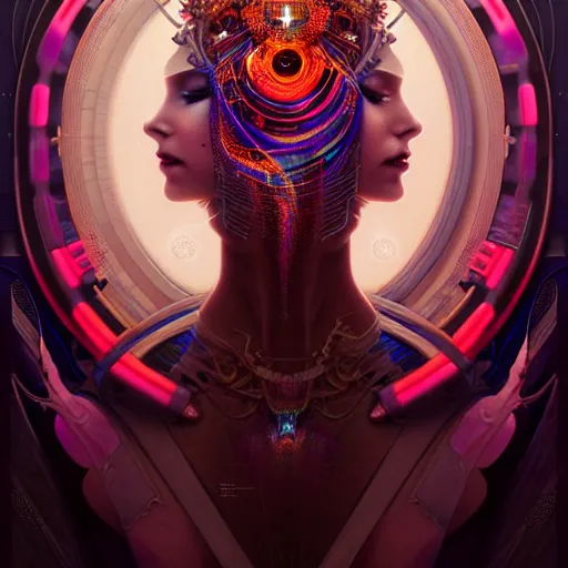 Image similar to extremely psychedelic beautiful cyborg queen of virus infected by night. intricate, elegant, highly detailed, extremely lifelike photorealistic digital painting, artstation. steichen, gaston bussiere, tom bagshaw, cyberpunk alphonse mucha. elegant minimalism. anatomically correct. sultry. sharp focus. surreal lush hallucination