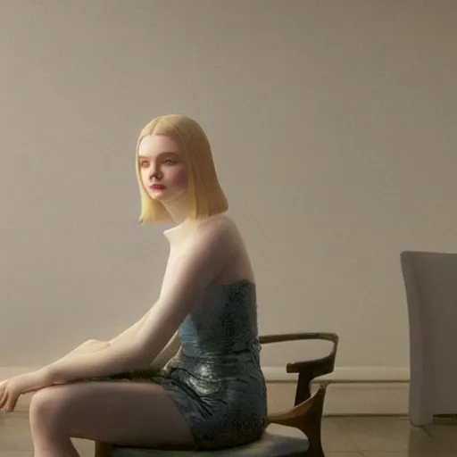 Prompt: Elle Fanning sitting on a white leather chair in the world of Samuel Adoquei, head and shoulders portrait, stormy weather, extremely detailed masterpiece, oil on canvas, low-key neon lighting, artstation, Blade Runner 2049, Roger Deakin’s cinematography, by J. C. Leyendecker and Peter Paul Rubens and Edward Hopper and Michael Sowa,