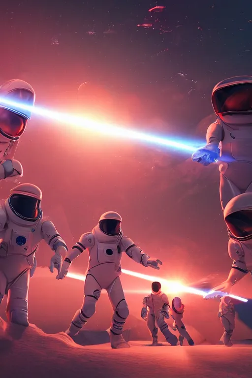 Image similar to wide view of a dozen futuristic spacemen firing lasers, zero gravity, floating, in space, bright, hiding behind obstacles, surrounded by a laser grid, stars visible, unreal engine, lensflares, low perspective, vector, polygons