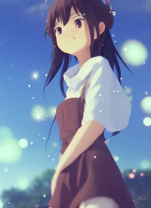 Prompt: A centred portrait of happy cute anime women with a sky background with bokeh, rendered by Makoto Shinkai, syd meade, environment concept, digital art, trending on artstation, low level, 4K UHD image,