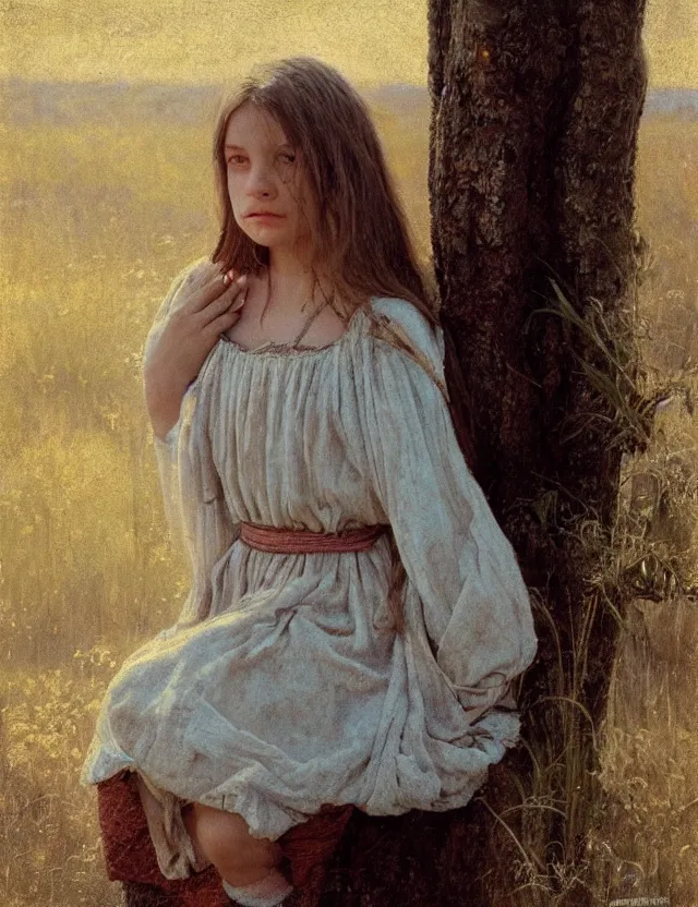 Image similar to shy and modest peasant girl long hair portrait, cottage core, cinematic focus, polaroid photo bleached vintage pastel colors high - key lighting, soft lights, foggy, by steve hanks, by lisa yuskavage, by serov valentin, by tarkovsky, 8 k render, detailed, oil on canvas