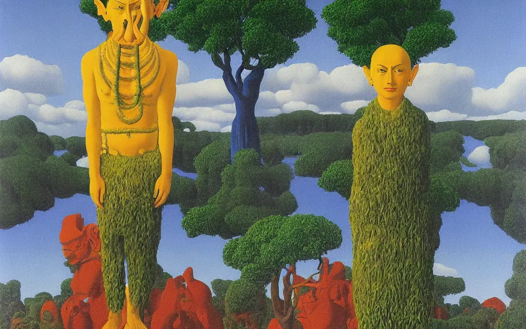 Prompt: hindu god gashi in golden meadow, detailed painting by rene magritte