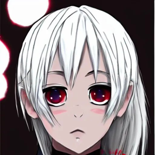 Image similar to white hair red eyes two small black horn on the head anime style anime girl