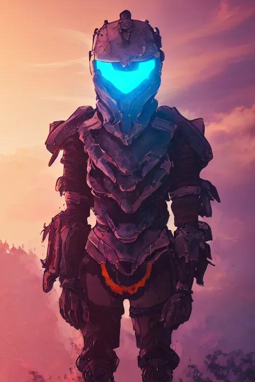 Image similar to combination suit armor aloy horizon forbidden west horizon zero dawn radiating a glowing aura global illumination ray tracing hdr fanart arstation by ian pesty and alena aenami artworks in 4 k tribal robot ninja mask helmet backpack