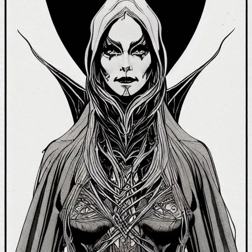 Image similar to full elven witch, intricate, veins, by Hugo pratt, ultradetailed, trending on artstation,